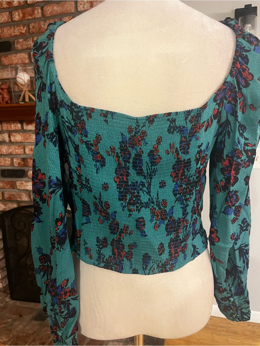 Free People Teal Floral Square-Neck Long Sleeve Blouse - Picture 4 of 6
